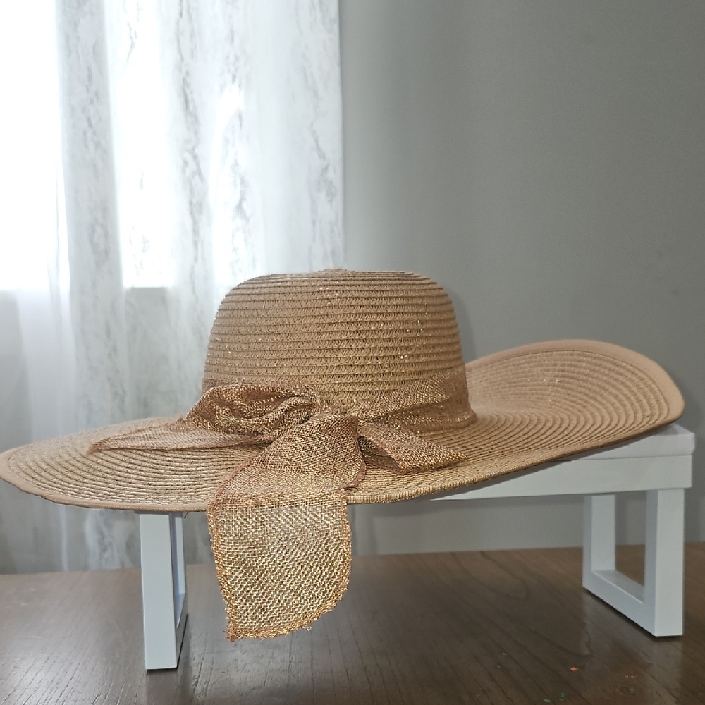 Tan Wide-Brim Sun Hat with Floppy Brim and Bow